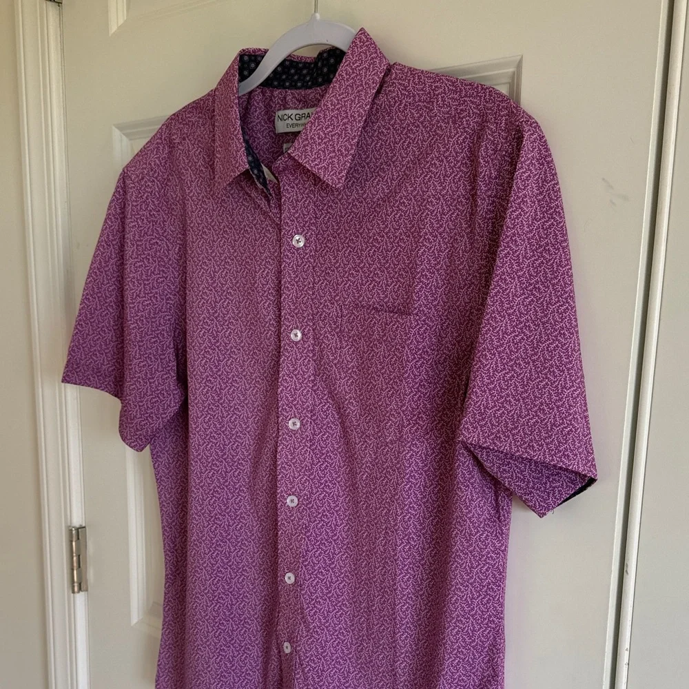 Nick Graham Stretch Modern Fit Short-Sleeve Blue Button-Up Shirt Size Medium